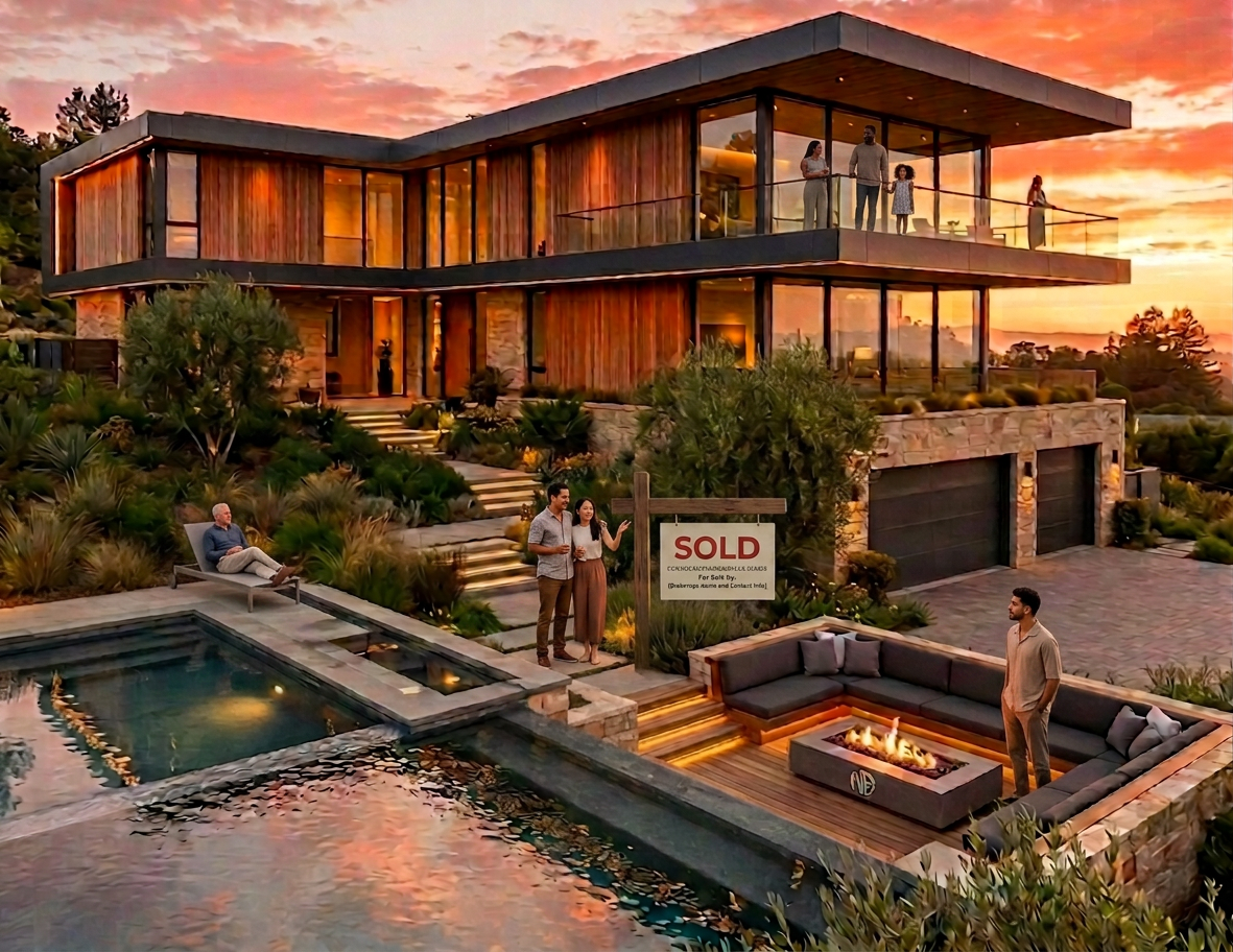 Modern luxury home with sunset view Modern two-story house with glass walls, outdoor fire pit, and swimming pool at sunset
